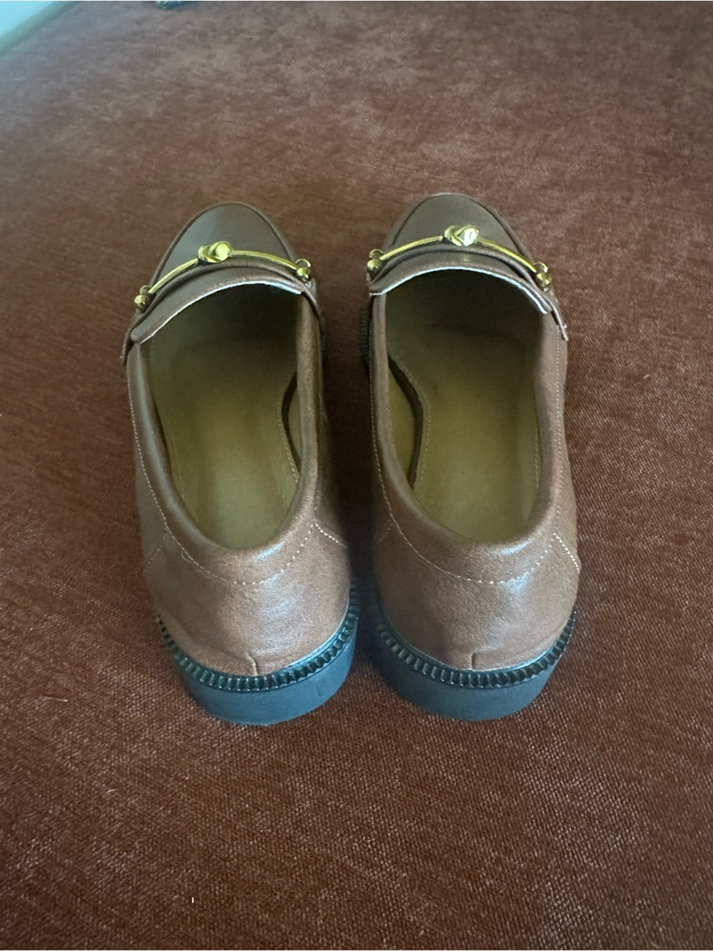 Women's Brown Loafers with Gold Bar Accent - Picture 2 of 5